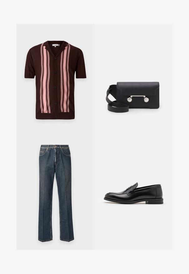 Chemise marron à manches courtes avec col, ornée de rayures verticales roses et de boutons noirs, réalisée en tissu tricot léger.; Jeans en denim droit bleu foncé avec un bouton à l'avant, une fermeture éclair, deux poches avant et des plis verticaux visibles le long des jambes.; Mocassins en cuir noir avec une texture lisse, bout rond et une sangle décorative sur le dessus. Talon bas empilé, design minimaliste.; Sac bandoulière en cuir noir avec un rabat, accessoires en métal argenté et deux accents ronds. Doté d'une bandoulière amovible. Texture lisse.