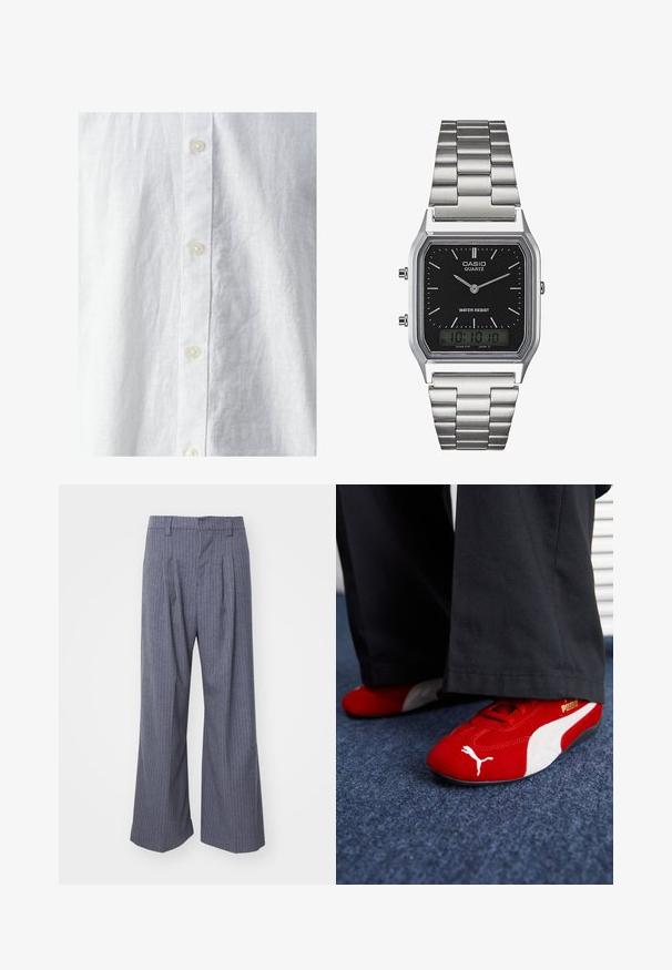 Hvid linnedskjorte med en struktureret overflade, der har en frontknaplukning med tre synlige knapper. Klassisk design uden mønstre.; Hvid polo shirt lavet af bomuld, med krave, tre-knaps lukning og et subtilt logo på brystet. Korte ærmer, blød tekstur.; Grå stribede bukser med bred ben-design, der har læg foran og en glat tekstur. Ingen synlig hardware eller accenter.; Røde ruskindsnikers med hvide accenter, der har struktureret materiale, rund tå og et guld logo på siden, båret med sorte bukser.; Sølv rustfrit stål kvartsur med en sort rektangulær urskive, der har analoge visere, digital skærm og vandtæt label.