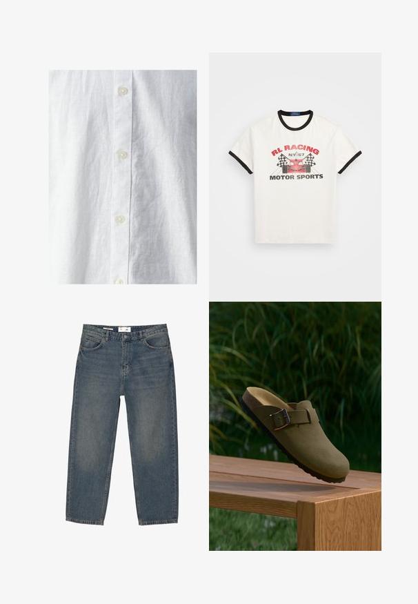 Weißes Leinenhemd mit strukturierter Oberfläche, ausgestattet mit einer Knopfleiste auf der Vorderseite und drei sichtbaren Knöpfen. Klassisches Design ohne Muster.; Weißes Baumwoll-T-Shirt mit schwarzem Ringkragen und Ärmeln. Mit rotem und schwarzem Grafikdruck, der eine Illustration eines Rennautos und Schachbrettflaggen zeigt.; Blaue Denim-Jeans mit lockerer Passform, klassischem Fünf-Taschen-Design und minimaler Verblassung. Enthält einen Knopfverschluss und Gürtelschlaufen.; Olivgrüne Wildleder-Pantoletten mit einem Schnallenverschluss, die über einer Holzbank mit grünem Gras und Pflanzen im Hintergrund schwebt.