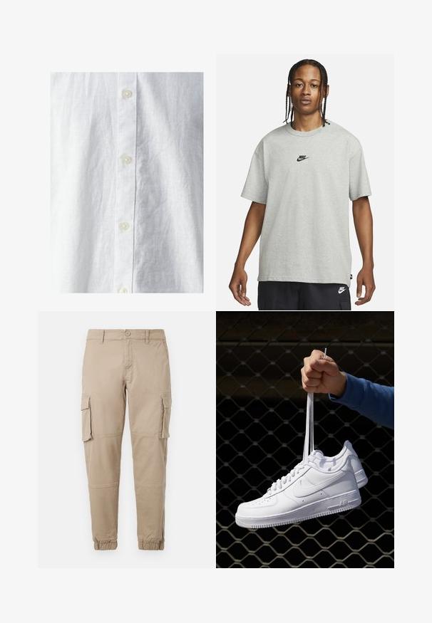 Weißes Leinenhemd mit strukturierter Oberfläche, ausgestattet mit einer Knopfleiste auf der Vorderseite und drei sichtbaren Knöpfen. Klassisches Design ohne Muster.; Junge Person mit geflochtenem Haar, die ein hellgraues Nike-T-Shirt und schwarze Nike-Shorts trägt, vor einem einfarbigen weißen Hintergrund.; Beige Cargo-Hosen aus leichtem Baumwollmaterial. Mit elastischen Bündchen, mehreren Seitentaschen und einem Knopfverschluss.; Weiße Leder-Sneaker mit Perforationen, runder Zehenpartie, flacher Sohle und dicken Schnürsenkeln, mit sichtbar eingesticktem Swoosh-Logo und "AIR" an der Ferse.