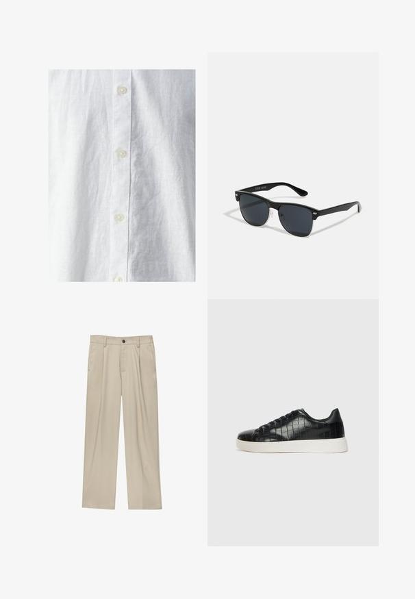 Biała lniana koszula o fakturowanej powierzchni, z przodem zapinanym na guziki i trzema widocznymi guzikami. Klasyczny design bez wzorów.; Beżowe spodnie o prostym kroju, z pojedynczym czarnym guzikiem, szlufkami na pasek oraz bocznymi kieszeniami. Gładka faktura materiału i minimalistyczny design.; Czarne sneakersy z teksturowaną cholewką ze skóry z tłoczeniem w kształcie krokodyla, okrągłym noskiem oraz kontrastującą białą gumową podeszwą o gładkim wykończeniu.; Czarne okulary przeciwsłoneczne o prostokątnym kształcie, ciemnych soczewkach, srebrnych akcentach na zausznikach oraz matowym wykończeniu oprawki.