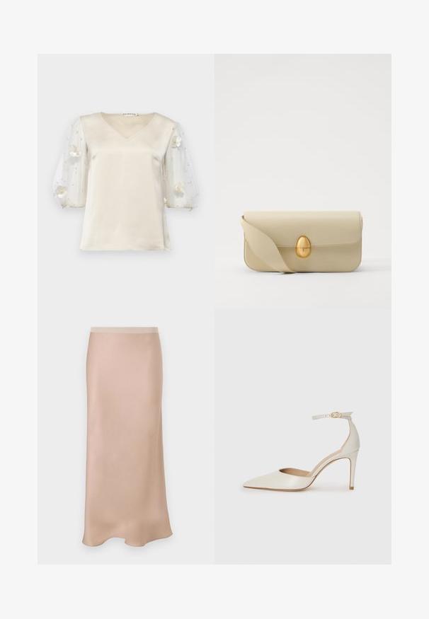 Ida Sjöstedt EXCLUSIVE RHIANNON - Blůza - ivory; Satinová midi sukně ve světle béžové barvě se hladkým povrchem. Má přiléhavý pas a jemný tvar A-linie, který se mírně rozšiřuje na lemu.; Bílé kožené lodičky na vysokém podpatku s špičatou špičkou, kotníkovým páskem a štíhlým jehlovým podpatkem. Hladká textura s mírným lesklým povrchem.; Krémová kožená kabelka s hladkým povrchem, obdélníkovým tvarem a zlatým oválným uzávěrem. Disponuje dlouhým, nastavitelným popruhem.