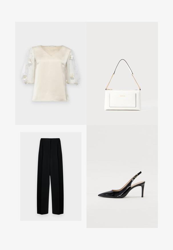 Ida Sjöstedt EXCLUSIVE RHIANNON - Camicetta - ivory; Pantaloni neri a gamba larga con vita alta, dotati di pieghe e una texture liscia. Il tessuto sembra leggero e si drappeggia in modo elegante.; Pumps slingback in pelle verniciata nera con punta affilata, tacco sottile e un design con ritagli delicati. Caratterizzate da una fibbia dorata sul cinturino.; Borsa a tracolla bianca in pelle con un finish testurizzato, dotata di una tracolla in catena dorata e accenti neri. Include una tasca frontale e una chiusura con zip.