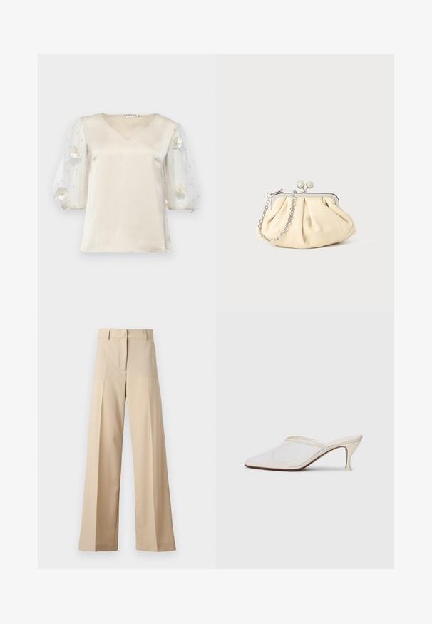 Ida Sjöstedt EXCLUSIVE RHIANNON - Pluus - ivory; Kreemikad laiad püksid, mis on valmistatud siledast kangast, millel on tasapinnaline esiosa koos voldikutega, lukuga esiosa ja vöökohale silmused. Üldine puhas istuvus.; Valge võrkmaterjalist teravatoa mulli king, millel on peen keskmise kõrgusega konts ja libisev disain, tühjal taustal.; Kortsus beežist nahast kotike, millel on hõbedane metallraam, kaunistatud kahe ümmarguse dekoratiivse lukuga ja hõbedase ketispideme.