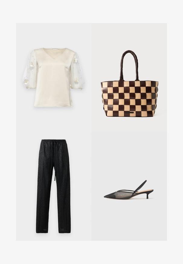 Ida Sjöstedt EXCLUSIVE RHIANNON - Blouse - ivory; Black, lightweight pants with a textured, shiny surface. Features an elastic waistband with a drawstring and a loose fit.; NEOUS IRENA - Classic heels - black; Brown and beige leather tote bag with a woven checkerboard pattern and braided handles on a white background.