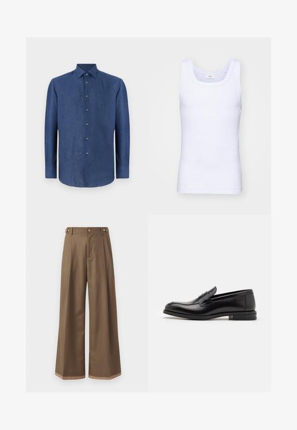 Cămașă lungă, de culoare albastru închis, confecționată dintr-un material ușor texturat. Prezintă un guler clasic și șase nasturi pe față.; Top din bumbac alb fără mâneci, cu un decolteu rotund, având o textură netedă și o formă ajustată, conceput pentru purtarea casual.; Pantaloni largi dintr- о țesătură maro închis, prevăzuți cu două buzunare laterale, două butoane decorative în față și un detaliu de tiv în contrast.; Mocasini din piele neagră cu o textură netedă, vârf rotund și o curea decorativă peste partea superioară. Toc mic, design minimalist.