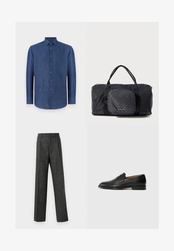 Tume sinine, pika varrukaga särk, mis on valmistatud kergelt tekstuurist kangast. Särgil on klassikaline krae ja kuus nööpi ees.; Hallidehased hallid püksid tekstureeritud kangast, millel on kaks eesmist voldi ja sirge sääre disain. Pole nähtavaid taskuid ega kaunistusi.; Must musta loafers ümarate varvastega, peene tikandiga ja madala kontsaga, millel on sile tekstuur ja minimalistlik disain.; Must 黑色 Michael Kors duffel kott, kahekordsete käepidemetega, eesmine tõmblukuga tasku, kus on korduv MK logo muster ja Michael Korsi brändimine.