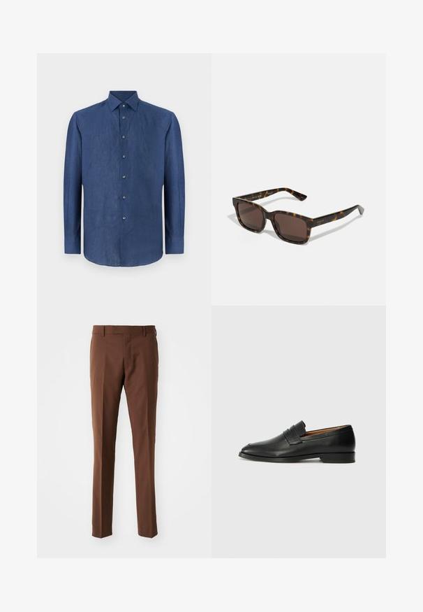 Mørkeblå, langermet skjorte laget av et lett teksturert stoff. Har klassisk krage og seks knapper foran.; Brune, skreddersydde bukser med flat front, rett ben-design, glatt tekstur og beltehemper. Ingen synlige mønstre eller maskinvaredetaljer.; Svart skinnloafer med rund tå, subtilt sydd detaljering og lav hæl, med en glatt tekstur og minimalistisk design.; Gucci-solbriller med firkantede, skilpadde-skal plastikkrammer og brune linser. Har subtil merking på stengene.