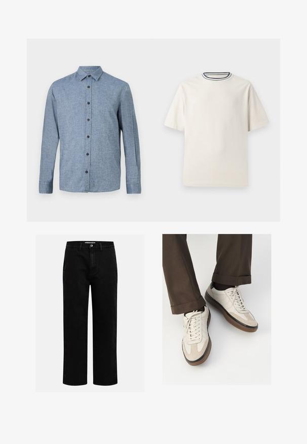 Heleda pikkade varrukatega särgiga helesinise kangaga, millel on tekstuurne kudumine, lisaks krae ja kuus tumepruuni nööpi esiosal.; Kreemivärvi puuvillane T-särk lühikeste varrukatega, ümmarguse kaeluse ja mereteemalise sinise ja valge triibuga. Sile tekstuur, mugav lõike.; Mustad denim püksid sirge jala kujundiga, klassikaline viie tasku disain ja nööbid kinniuisutamisel. Sile tekstuur ja vastupidav kangas.; Bežid spordijalised, millel on tekstuuriga suede esiosa, siledast nahast küljed ja pruun kummitald. Lisatud on paelad ja heledad õmbluse detailid.