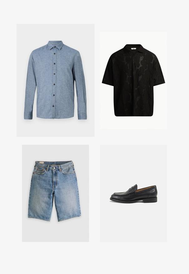 Camisa de manga larga abotonada en tejido azul claro con una textura, que presenta un collar y seis botones marrones oscuros en el frente.; Polo negro de manga corta con un patrón abstracto texturizado. El cuello es plano y ligeramente abierto, realzando el diseño relajado.; Pantalones cortos de mezclilla en azul claro con un corte clásico. Cuenta con cinco bolsillos, acentos de costura naranja y dobladillos sin acabar.; Mocasines de cuero negro con un acabado suave, punta redondeada y costuras decorativas en la parte superior. Tacón bajo apilado y un ligero brillo.
