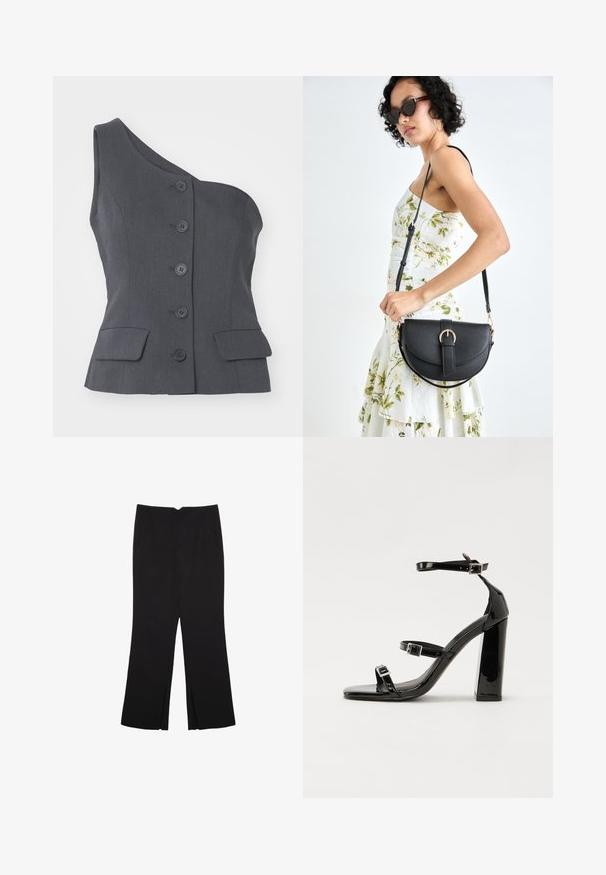 Szary, dopasowany kamizelka o unikalnym asymetrycznym dekolcie, pięciu czarnych zapięciach na guziki oraz dwóch przednich kieszeniach. Teksturowana tkanina o gładkim wykończeniu.; Czarne spodnie o prostym kroju, z przednimi kieszeniami i bocznymi rozcięciami na dole. Wykonane z miękkiego, gładkiego materiału. Odpowiednie na różne okazje.; Czarne lakierowane sandały na obcasie z kwadratowym noskiem, z paskami wokół kostki i srebrnymi klamrami. Posiadają masywny słupek dla stabilności.; Czarna skórzana torebka o zakrzywionym kształcie, z odpinanym paskiem i złotymi akcentami. Torebka posiada klapę z zapięciem w kształcie klamry.