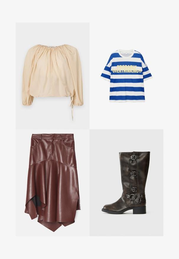 Hiha puff, blus beige dari katun ringan. Memiliki leher yang berkumpul dan tali serut di bagian bawah untuk penyesuaian ukuran. Tekstur halus.; Puuvillane t-särk, millel on sinised ja valged horisontaalsed triibud. Esiküljel on julgelt kollane tekst "ILMSELGELT ÜLE MÕTLEMINI" ja naerunäo graafika. Lühikesed varrukad.; Ruskea tekonahkainen hame, jossa on leikkaamaton, epäsymmetrinen helma, kahdella etutaskulla ja sileällä, kiiltävällä pinnalla.; Marron nahka polvipituiset saappaat, joissa on useita solkia, pyöreä kärki ja matala s chunky-korko. Niissä on teksturoitu pinta ja säädettävät hihnat.