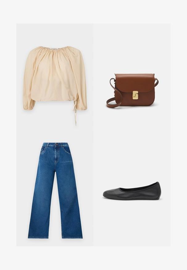 Bluzica s pufastim rukavima, bež boje, od laganog pamuka. Ima nabranu izrez na vratu i podesivu vezicu na dnu. Glatka tekstura.; Hlače širokih nogavic iz temno modrega džinsa z visokim pasom, ki imajo sprednje in zadnje žepe ter detajle kontrastnega šivanja.; Črne usnjene balerinke z zaobljenim nosom, gladko teksturo, minimalnimi šivi in fleksibilno zasnovo podplata.; Rjava usnjena torbica s poklopcem, zlato obarvani okovi, naramnica in gladka tekstura. Kompaktna pravokotna oblika.