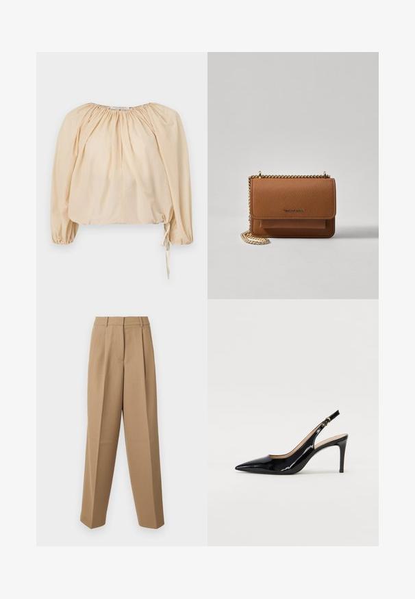 Blusa beige a maniche a sbuffo in cotone leggero. Presenta un collo gathered e un cordoncino all'orlo per una vestibilità regolabile. Tessuto morbido.; Pantaloni beige su misura con vita alta, fronte plissettato e taglio a gamba larga. Il tessuto appare morbido con una leggera lucentezza.; Pumps slingback in pelle verniciata nera con punta affilata, tacco sottile e un design con ritagli delicati. Caratterizzate da una fibbia dorata sul cinturino.; Borsa a tracolla in pelle marrone con texture, dotata di catena dorata e chiusura a pattina. Sul davanti presenta un dettaglio con logo e una tasca sotto la pattina.