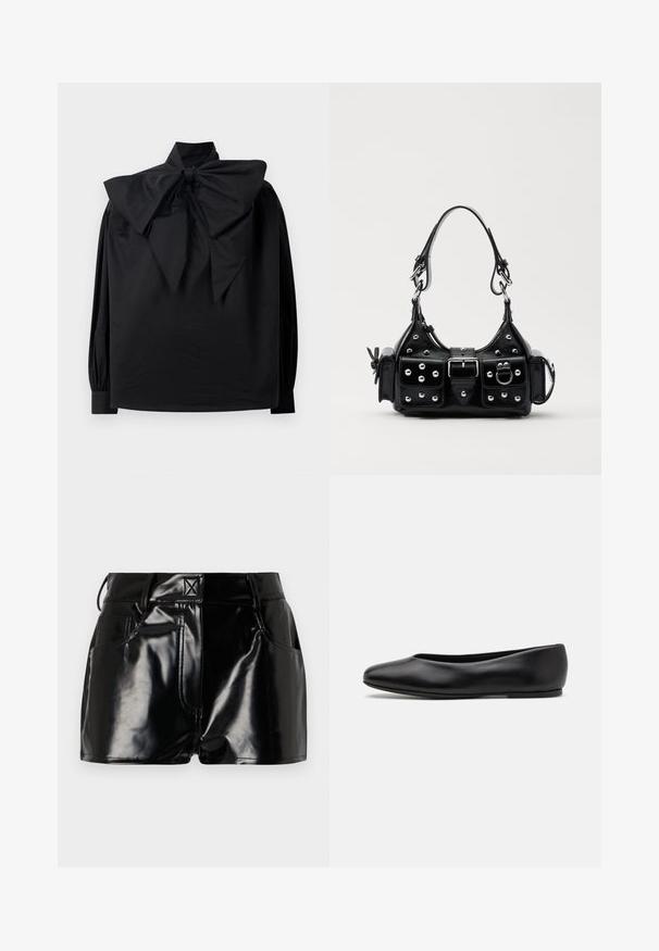 Black long-sleeve blouse with high collar and large, exaggerated bow tied at the neckline, displayed on a plain white background.; Black, glossy shorts made of synthetic material. Features a fitted waist, belt loops, and front pockets with prominent stitching details.; Paul Smith TOPANGA - Ballet pumps - black; Black leather handbag with a curved design, featuring silver studs, a buckle, and two side pockets. Adjustable strap for carrying options.