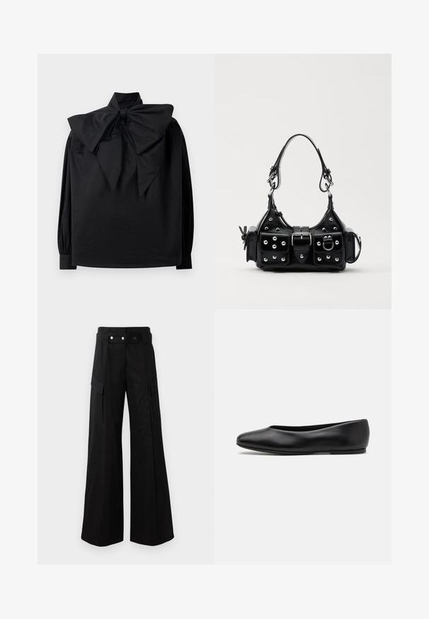 Blusa nera a maniche lunghe con collo alto e un grande fiocco esagerato legato all'neckline, esposta su uno sfondo bianco semplice.; Pantaloni neri a gamba larga con vita alta, dotati di ampie tasche laterali, due bottoni frontali e un dettaglio a anello. Realizzati in un tessuto resistente.; Paul Smith TOPANGA - Ballerine - black; Borsa a mano in pelle nera con design curvo, caratterizzata da borchie argentate, una fibbia e due tasche laterali. Tracolla regolabile per diverse opzioni di trasporto.