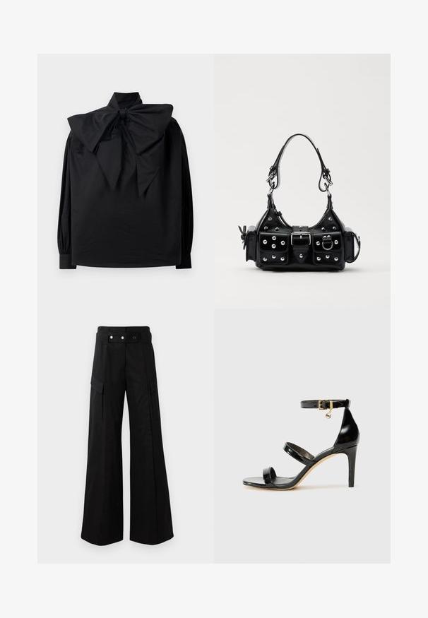 Black long-sleeve blouse with high collar and large, exaggerated bow tied at the neckline, displayed on a plain white background.; Black wide-leg pants with a high waistband, featuring large side pockets, two front buttons, and a loop detail. Made from sturdy fabric.; Black patent leather sandal with three straps, ankle buckle, and 4-inch stiletto heel. Features gold hardware detail and logo charm.; Black leather handbag with a curved design, featuring silver studs, a buckle, and two side pockets. Adjustable strap for carrying options.