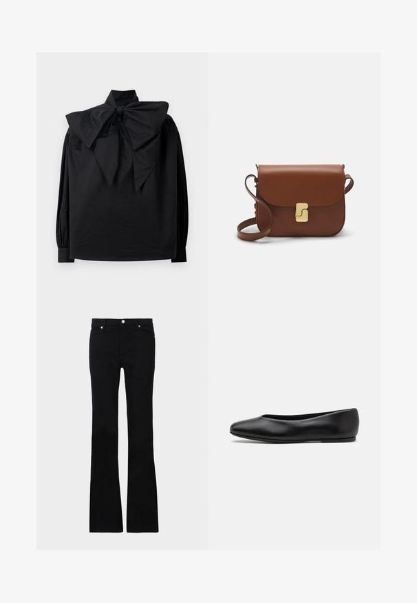 Black long-sleeve blouse with high collar and large, exaggerated bow tied at the neckline, displayed on a plain white background.; Black flared jeans made of denim, featuring two front pockets, a button closure, and a smooth texture. Signature stitching visible at seams.; Paul Smith TOPANGA - Ballet pumps - black; Brown leather handbag with a flap closure, gold-tone hardware, a shoulder strap, and a smooth texture. Compact rectangular shape.