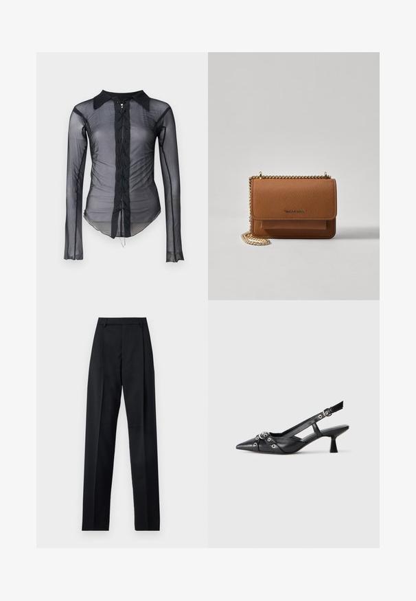 Fekete áttetsző, hosszú ujjú ing, hegyes gallérral, elöl csipke kötővel és ráncos textúrával az oldalon.; Fekete nadrág sima anyagból, magas derékkal, széles lábakkal, elülső redőkkel és klasszikus övhurkokkal. Oldalzsebek nem láthatók.; Fekete bőr slingback cipő hegyes orral, dekoratív pántokkal, fém szemekkel és alacsony blokk sarkú. Texturált felület.; Barna textúrájú bőr keresztbody táska arany lánc pánttal és fedélzárral. Az elején logó részlet és egy zseb található a fedél alatt.