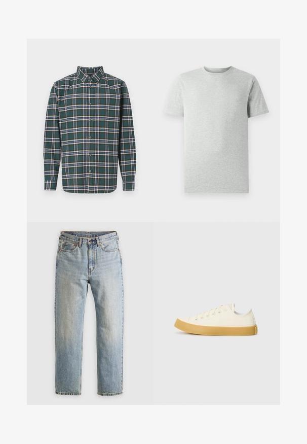 Camicia di flanella verde con un motivo a quadri che presenta righe blu, bianche e giallo senape. Chiusura con bottoni e colletto punta. Maniche lunghe.; Maglietta a maniche corte grigia chiara, girocollo, mostrata su uno sfondo bianco, vista frontale senza loghi o design visibili.; Jeans in denim azzurro chiaro con vita alta, bottone anteriore, cerniera e design a cinque tasche, adagiati su uno sfondo neutro.; Sneakers in tela di colore avorio con punta rotonda, dotati di suole in gomma beige e cinque occhielli per i lacci, finitura texturizzata sulla parte superiore.