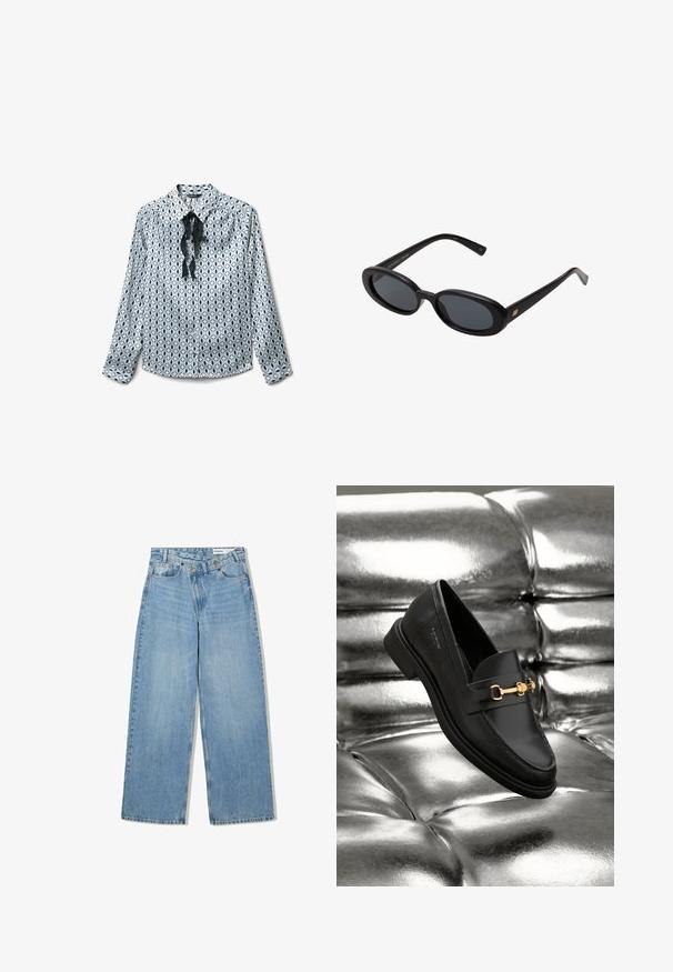 Patterned button-up shirt in light blue with black oval designs, featuring a collar and a tied black satin ribbon at the neckline.; Light blue wide-leg jeans made of denim, featuring a high waist, five pockets, button closure, and subtle fading for texture.; Black leather loafer with a gold-tone hardware detail. The shoe features a sleek design and a smooth, shiny texture.; Black oversized sunglasses with oval lenses, smooth plastic frame, and gold accents on temple. Dark lenses provide sun protection.; Soft brown hobo-style handbag with a single wide strap and a curved top handle opening, displayed on a white background.