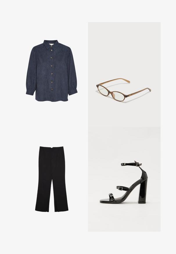 Camicetta button-up blu scuro con colletto e maniche lunghe a sbuffo. Realizzata in un tessuto testurizzato, presenta bottoni color oro lungo il davanti.; Pantaloni neri a gamba dritta, con tasche frontali e spacchi laterali all'orlo. Realizzati in tessuto morbido e liscio. Adatti a diverse occasioni.; Sandali con tacco in vernice nera, con punta squadrata, cinturini alla caviglia e fibbie in argento. Presentano un tacco a blocco spesso per maggiore stabilità.; Occhiali tortoiseshell marroni con lenti ovali, aste sottili e dettagli trasparenti. Presentano un logo sottile sulla tempia. Design elegante e leggero.