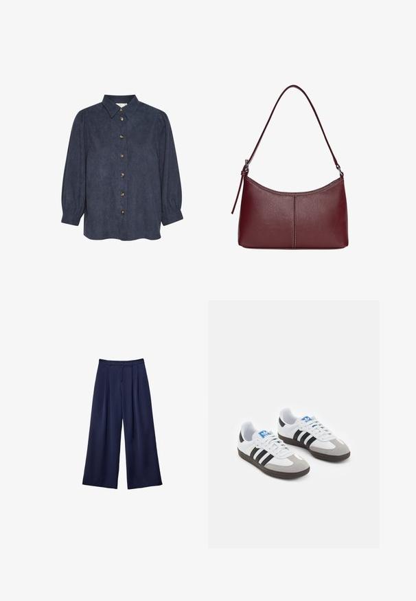Tmavomodrá košeľa s dlhými nadýchanými rukávmi a golierom, zapínaná na gombíky. Vyrobená z textúrovanej tkaniny s gombíkmi v zlatej farbe po celej dĺžke predného dielu.; Námornícky modré široké nohavice s pukmi, zapínaním na gombík a pútkami na opasok, zobrazené ležiace na bielom pozadí.; Športové topánky s bielym koženým zvrškom, šedou semišovou špičkou a tromi čiernymi pruhmi. Obsahujú modré logo na jazyku a štruktúrovanú gumovú podrážku.; Bordová kožená kabelka s zakriveným tvarom, s jedným ramenným popruhom a prešitými detailmi v strede. Hladký povrch, minimalistické príslušenstvo.