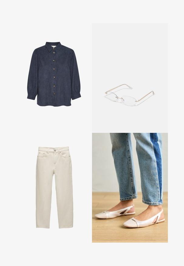 Dark blue, button-up shirt with a collar and long puffed sleeves. Made of a textured fabric, featuring gold-tone buttons down the front.; White denim jeans with a relaxed fit, featuring a straight leg, five-pocket design, and metal hardware with a subtle texture.; Pale pink slingback flats with a pointed toe, made from a smooth leather-like material. Features cut-out details at the sides and a flat heel.; Gold metal eyeglasses with oval lenses, slim arms, and clear nose pads. Features subtle hinge accents and transparent lenses.
