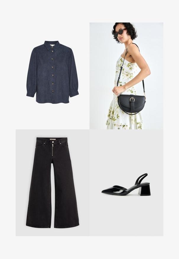 Cămașă închisă la culoare, cu butoni, cu guler și mâneci lungi bufante. Realizată dintr-o țesătură texturată, cu nasturi în ton de aur pe partea din față.; Jeans cu picioare largi din denim negru, cu fermoar în față, design cu cinci buzunare și detalii subtile de cusătură. Textură netedă și stil casual.; Pantofi cu toc slingback din piele lacuită neagră, cu vârf ascuțit și toc geometric. Prezintă un design elegant, minimalist și o textură netedă.; Geantă din piele neagră, cu o formă curbată, curea detașabilă și accesorii aurii. Geanta are un capac cu un detaliu tip cataramă.