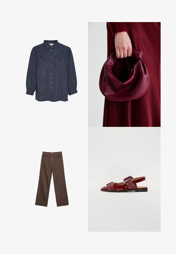 Temno modra srajca na gumb z ovratnikom in dolgimi napihnjenimi rokavi. Narejena iz teksturirane tkanine, s sijočimi zlato-tonskimi gumbi po sprednji strani.; Široke rjave kavbojke iz denima, ki imajo visok pas, sprednje žepe in klasično zapiranje na gumb. Gladka tekstura s subtilnim šivom.; Burgundske patene usnjene čevlje s sprednjim koncem, ki imajo dve prilagodljivi zaponki in srebrne okrasne detajle.; Bordo usnjeni ročni torbici s mehak, nabrana zasnova in okrogla oblika. Ročaj je varen in prikazuje gladko teksturo.