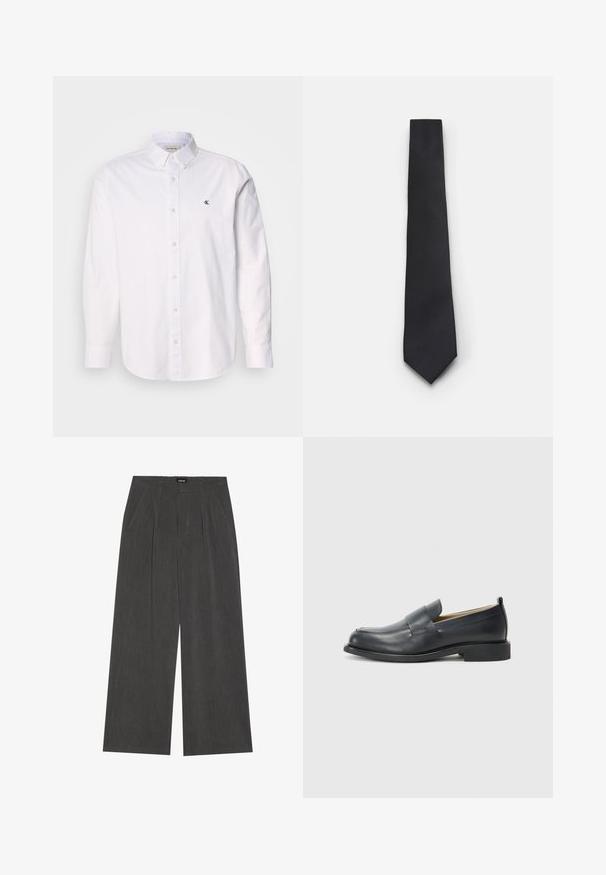Balta marškiniai su mygtukais, pagaminti iš medvilnės, su klasikinio tipo apykakle, ilgomis rankovėmis ir mažu CK logotipu kairiajame krūtinės pusėje. Lygus paviršius.; Plati kojinės tamsiai pilkos medžiagos, su raukiniais priekyje, dviem šoninėmis kišenėmis ir plokščiu juosmeniu. Lygus tekstūra ir pritaikyta išvaizda.; Juodi odiniai loaferiai su lygia danga, plokščiu padu ir apvaliu pirštu, papuošti dekoratyvia juostele per viršų.; Siaurukas juodas kaklaraištis su tekstūruota, įstrižine briaunų struktūra. Turėdamas smailą galą ir lygų paviršių. Tinka oficialiam apsirengimui.