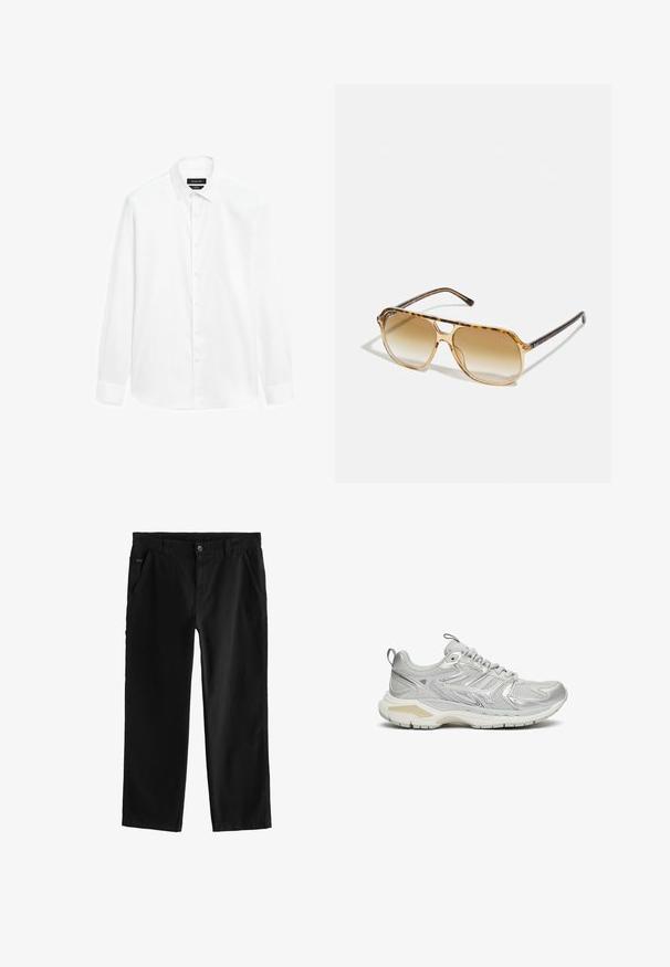 Witte overhemd met een button-down kraag, lange mouwen en een knoopsluiting aan de voorkant. De stof lijkt soepel met een lichte glans.; Zwarte katoenen broek met een rechte pijpdesign, voorzien van een knoopsluiting aan de voorkant, schuine zijzakken en subtiele stikdetails.; Grijze sportschoen met een bovenwerk van mesh, synthetische overlays en een dikke witte zool. Voorzien van een gewatteerde kraag en gestructureerde accenten.; Schildpad zonnebril met een rechthoekig montuur, bruin vervagende lenzen en slanke zwarte pootjes met subtiele logo-accenten.; Pier One SET - Horloge - black/brown; Zilveren metalen kettingarmband, met een gevlochten ontwerp en textuurstrengen, en een haaksluiting. Gladde afwerking met reflecterende oppervlakken.