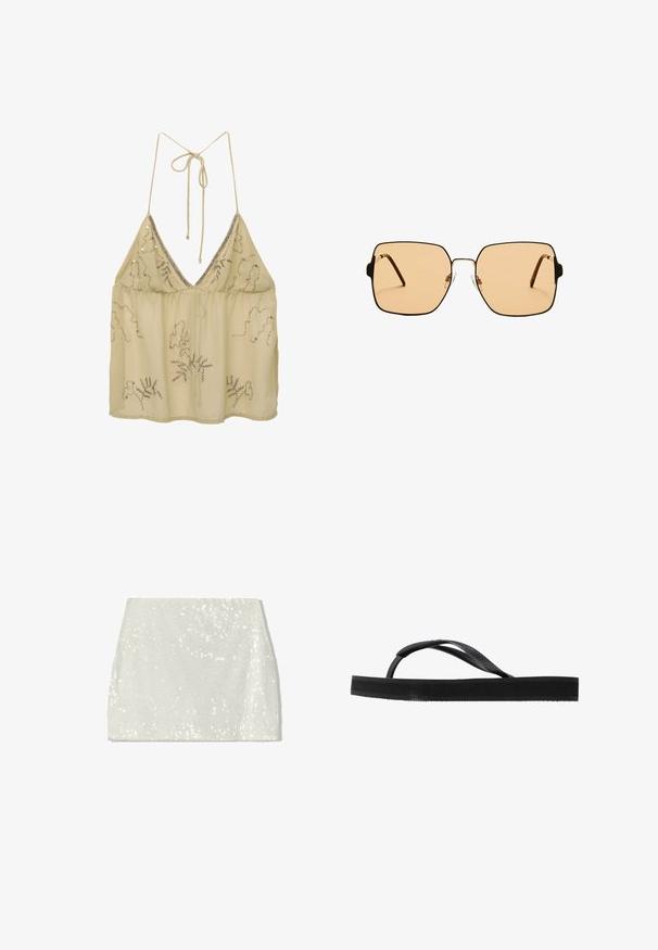 Beige sifonipaita syvällä V-päällä, säädettävillä siteillä selässä ja hopeisilla helmilla koristeltuina kukkakuviolla. Kevyt ja läpikuultava.; Bershka A-linjainen hame - white; Mustasukka flip-flop, jossa on teksturoitu hihna ja paksu pohja. Kumisaappaassa on litteä muotoilu ja sileä pinta. Pohjassa on kevyt kuvio, joka antaa pitoa.; Neliömäiset aurinkolasit ruskeilla linsseillä ja ohuella mustalla metallikehyksellä. Varusteena on kulmikkaat tempulit ja säädettävät nenätyynyt mukavuutta varten.
