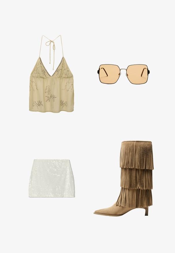 Bež svilenasti top s dubokim V-izrezom, podesivim vezicama na leđima i ukrasima od srebrnih perlica u cvjetnim uzorcima. Lagana i prozirna.; Bershka Suknja A kroja - white; Kratka čizma od tan sueda s tri sloja rese. Oštri vrh i niska blok peta. Glatka tekstura kroz cijelu čizmu.; Kvadratne sunčane naočale s smešnim staklima i tankim okvirom od crnog metala. Imaju uglaste tempore i podešive noseče jastučiće za udobnost.