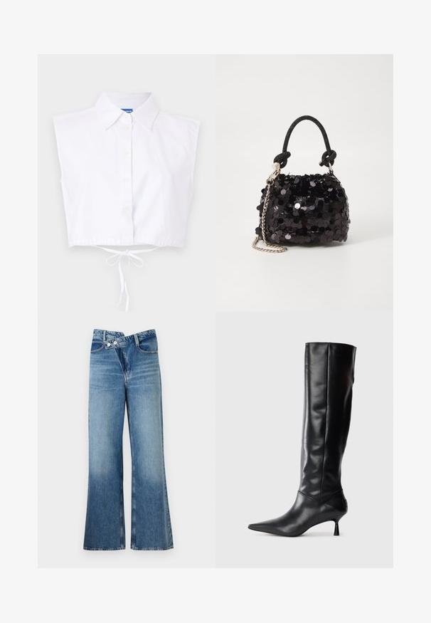 Valge, lühikeste varrukate ja kraega lühikeste püksidega särk, nööbikinnitus ja vöökoht; esiküljel on peenelt broderitud logo.; Heledad sinise denimi laienevad teksad kõrge vöökohaga, millel on kaks nööpi ja eesnahk. Kangas on tuhm tekstuuriga, kus on kergeid varieeruvaid toone.; Must musta kõrge saabas terava ninaga ja sihvakate kaartega kontsadega. Sile tekstuur, keha vastav disain ja nähtava riistvarata või mustriteta.; Must have mustrõngus mustal sädelev mini käekotil on sõlme tekstuuriga rihm ja hõbedane ketis. Ümar kuju, kokku kogutud ülaosa ja peegeldav detail.