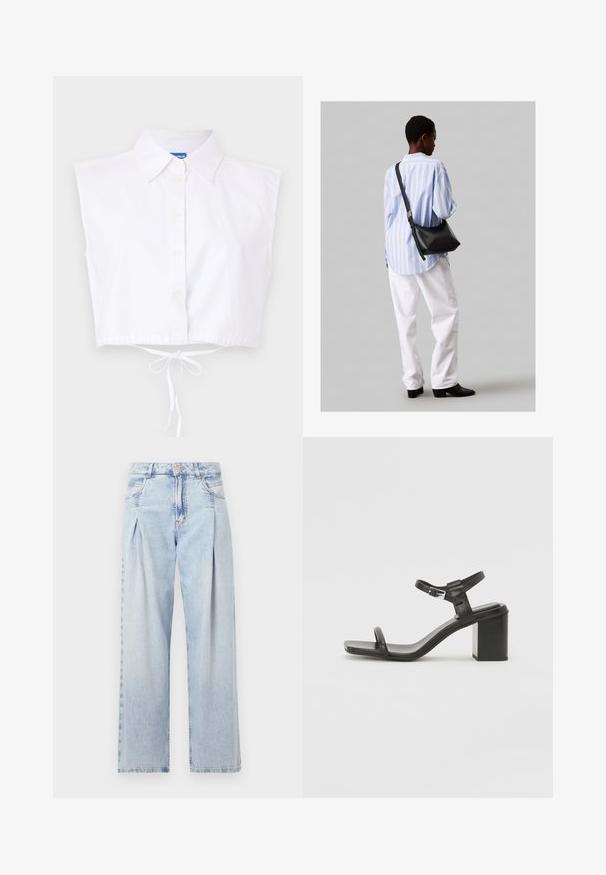 Biela skrátená bezrukávová košeľa s krčkom, zapínaním na gombík a viazaním v páse; má jemne vyšívané logo vpredu.; Svetlomodré džínsy s vysokým pásom, širším strihom po celej dĺžke, dvoma bočnými vreckami a skladaným dizajnom. Mäkka textúra s vyblednutým vzhľadom.; Čierne kožené sandále na blokovom podpätku s širokým pásom cez prsty a nastaviteľným pásom okolo členku, s elegantným, minimalistickým dizajnom.; Čierna kožená ramenná taška so mäkkou textúrou, trojuholníkovým tvarom a nastaviteľným popruhom, skombinovaná s svetlomodrou pruhovanou košeľou a bielymi nohavicami.