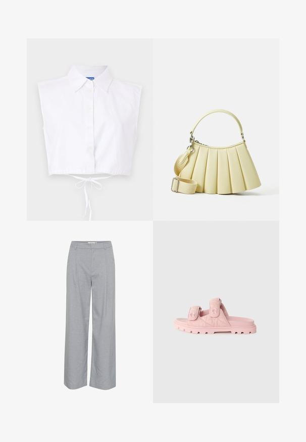 Camicetta bianca, senza maniche, cropped con colletto, chiusura a bottoni e una cravatta in vita; presenta un discreto logo ricamato sulla parte anteriore.; Pantaloni grigi chiari a gamba larga con una texture liscia, caratterizzati da pieghe frontali e una vita piatta. Design minimalista, senza parti metalliche visibili.; Infradito rosa con doppie cinghie regolabili in Velcro, tomaia in tessuto testurizzato e una suola spessa e robusta con scanalature profonde.; Borsa plissettata in morbido materiale giallo chiaro con manico curvo. Presenta una tracolla rimovibile e regolabile e una texture liscia con hardware minimale.
