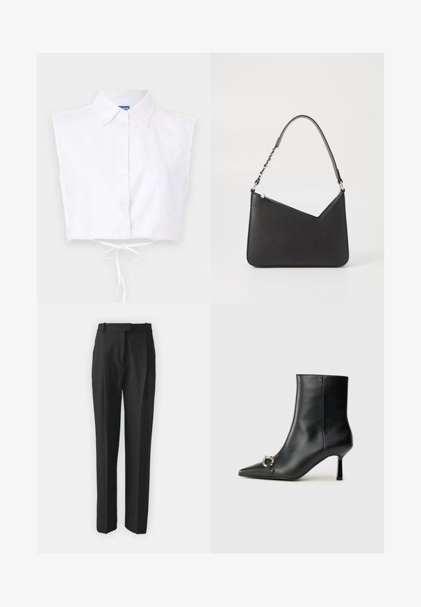 Fehér, rövid ujjú, galléros blúz, gombos záródással és deréktáji megkötővel; az elülső részen diszkrét hímzett logó található.; Fekete, testre szabott nadrág, könnyű anyagból készült, egyenes szabású, lapos elülső résszel és övhurkokkal. Simának tűnő textúra, látható minták nélkül.; Fekete bőr bokacsizma hegyes orral, vékony közép magasságú sarokkal és ezüst csattal az oldalon, sima háttér előtt.; Fekete bőr kézitáska háromszögletű formával, vékony pánttal és ezüst színű fém kiegészítőkkel. Cipzáras záródással és dombornyomott logóval rendelkezik elöl.