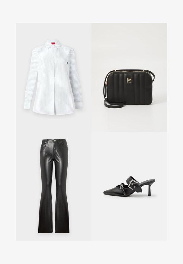 Camisa blanca de manga larga con rayas verticales azules, cuello puntiagudo, bolsillo frontal y un pequeño logo bordado en el pecho.; Pantalones de cuero negro acampanados con una textura suave, cinco bolsillos, cierre de botón en la parte frontal y una silueta ajustada a lo largo de los muslos.; Mules de tacón alto negros con puntera afilada, elaborados en cuero suave. Cuentan con una amplia correa para el tobillo con una hebilla cuadrada de plata y tachuelas.; Bolso bandolera negro acolchado hecho de material sintético con herrajes de tono dorado, que presenta un cierre de cremallera y detalle de logo en el frente.