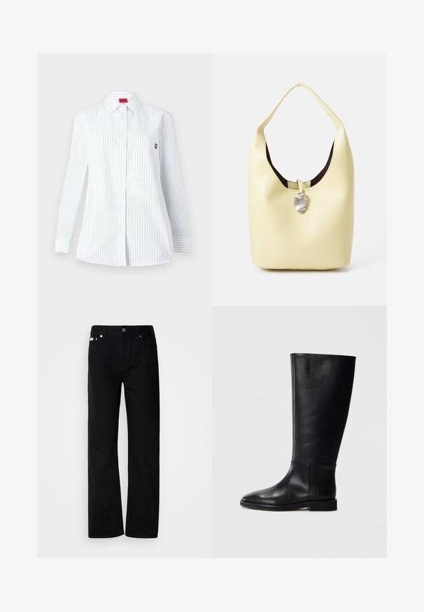 Hvid langærmet skjorte med blå lodrette striber, spids krave, forlommer og et lille broderet logo på brystet.; Sorte denim lige ben bukser med fem lommer, sølvnitter og en knaplukning. Stoffet har en glat, let tekstureret overflade.; Sorte læderknæhigh støvler med rund tå, glat tekstur, minimalistisk design og flad sål. Enkle sømdetaljer på skaftet.; Hobo taske i blødt gult læder med en rund form. Har en glat overflade, mørk indvendig foret og en sølvtonet detalje ved lukningen.