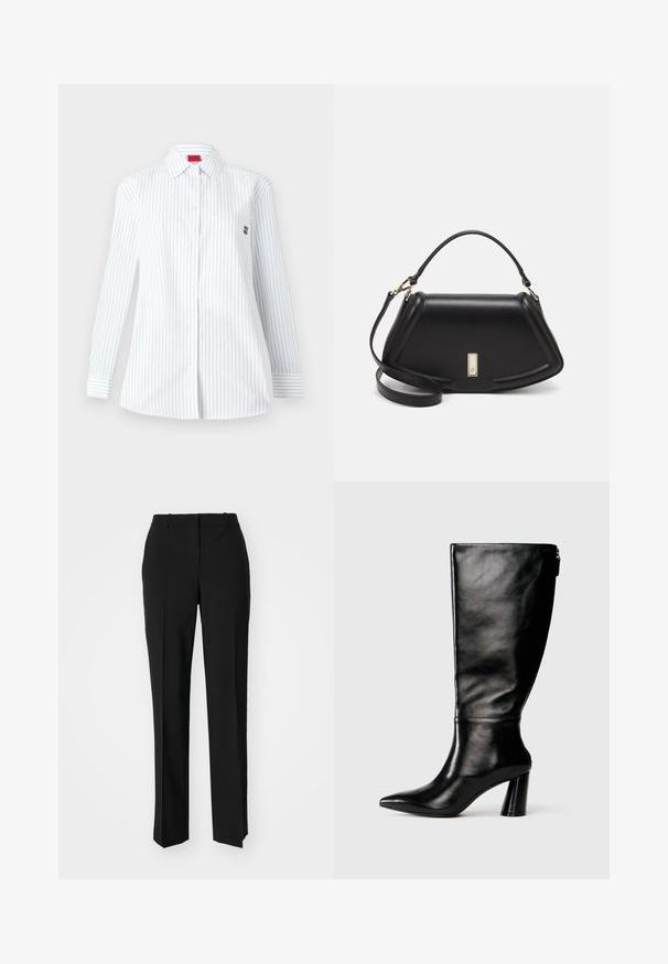 Valkoinen pitkähihaisa paita, jossa on siniset pystyraitat, terävä kaulus, rintatasku ja pieni brodeerattu logo rinnassa.; Mustat räätälöidyt housut suoraa lahjetta, joissa on sileä pinta ja terävät taitteet edessä. Ei näkyvää metalliosaa.; Mustat nahkasaappaat, joissa on terävä kärki, sileä pinta ja paksu korko. Takana on vetoketjuyksityiskohta.; Mustalla nahkalaukulla, jossa on jämäkkä muotoilu, lyhyt malli, yläkahva ja kultaiset yksityiskohdat. Säädettävä olkahihna sisältyy.