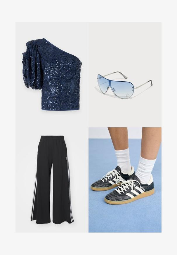 Marineblå topp med én skulder, prydet med paljettbroderte blomster, en strukturert pufferm og en glatt midje. Elegante og figursydde detaljer.; Svart vide joggebukser med elastisk midjebånd, med hvite sidestriper og brodert logo på venstre lår.; Sorte lærersneakers med hvite striper, rund tå, hvite snørebånd og såle av gummigummi. Fremhevet med polstret krage og merkeinfos.; Pilotbriller med gradient blå linse, sølvfarget metallramme og dekorative stjerneaksenter på linsen. Glatt og stilren design.
