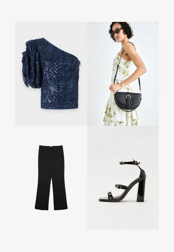 Granatowy top na jedno ramię z haftem koralikowym w kwiaty, teksturowanym rękawem bufka oraz gładką talią. Elegancki i dopasowany fason.; Czarne spodnie o prostym kroju, z przednimi kieszeniami i bocznymi rozcięciami na dole. Wykonane z miękkiego, gładkiego materiału. Odpowiednie na różne okazje.; Czarne lakierowane sandały na obcasie z kwadratowym noskiem, z paskami wokół kostki i srebrnymi klamrami. Posiadają masywny słupek dla stabilności.; Czarna skórzana torebka o zakrzywionym kształcie, z odpinanym paskiem i złotymi akcentami. Torebka posiada klapę z zapięciem w kształcie klamry.