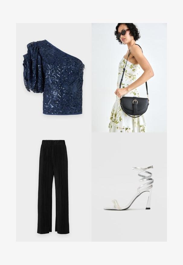 Jūras zila blūze ar vienu plecu, kas rotāta ar spīdīgu ziedu izšuvumu, teksturētu pūkainu piedurkni un gludu jostas daļu. Eleganta un pieguloša forma.; Melni plīšu bikses ar elastīgu jostu. Tām ir platākas kājas un gluda, teksturēta auduma ar vertikālām svītrām.; Sudrabaini augstpapēžu sūna ar spīdīgu siksnu dizainu, kurā ir pērlēm līdzīgs akcents un spirālveida potītes siksna drošai pieguvei.; Melnas ādas rokassoma ar izliekta formu, noņemamu siksnu un zelta aksesuāriem. Somai ir vāciņš ar sprādzes detaļu.