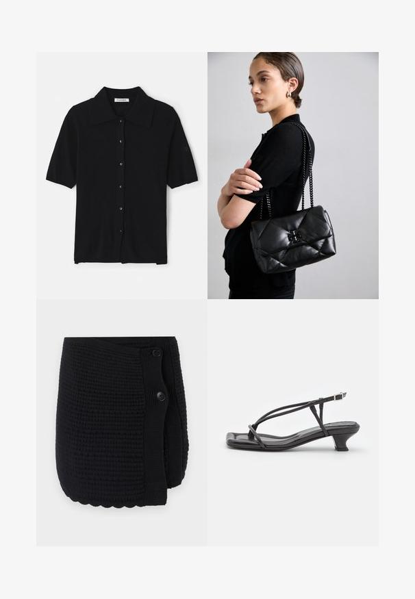 Zwarte kortemouwen cardigan van zachte stof, met een puntige kraag, knoopsluiting en subtiele merkbranding op de mouw.; Zwarte gebreide wikkel met een gemêleerd patroon, een gegolfde zoom en twee grote knopen voor sluiting. Zacht materiaal met een comfortabele uitstraling.; Zwarte leren sandaal met dunne banden, lage blokhak en vierkante neus. Heeft een gespsluiting en een zachte textuur.; Zwarte gewatteerde leren handtas met een kettingriem, voorzien van een metalen logo-accent aan de voorkant en een gladde textuur.