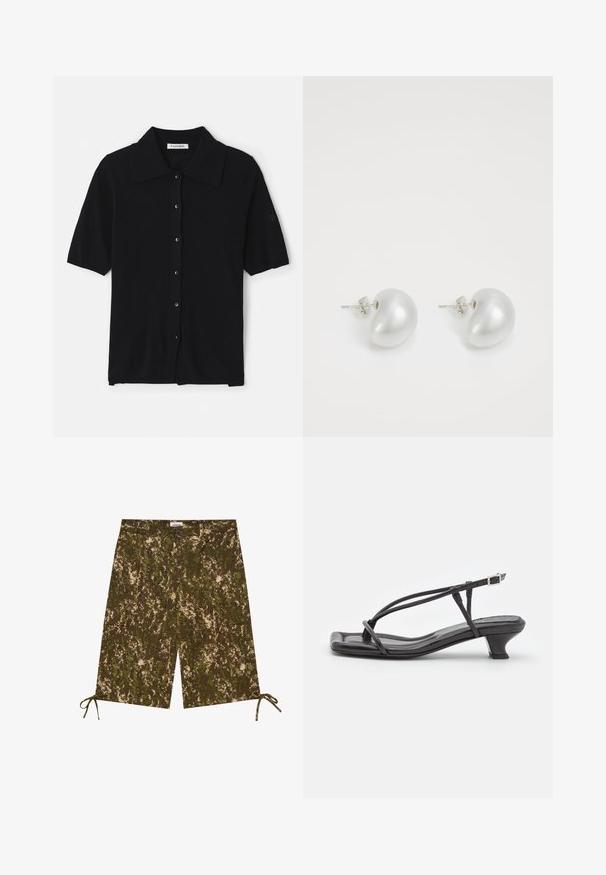 Sort kortærmet cardigan lavet af blødt stof, med spidse kraver, knaplukning og diskret branding på ærmet.; Camouflage-mønstrede shorts i nuancer af grøn og brun, lavet af et let materiale, med sidelommer og justerbare snore i kanten.; Sort lædersandal med tynde stropper, lav blokhæl og firkantet tå. Har en spænde lukning og glat tekstur.; Sølv perleøreringe med en buet, bønneform. Glat, blank overflade og sikret med en stift og bagside-lukning.