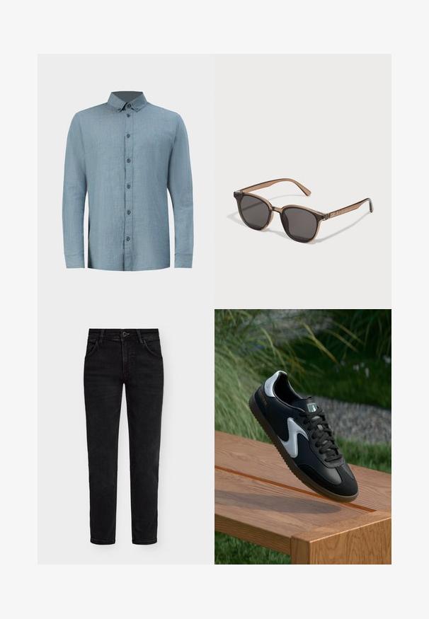 Svetlomodrá kockovaná košeľa vyrobená z bavlny s golierom na gombíky, jednou náprsnej vreckom a dlhými rukávmi so zapínaním na gombíky.; Sada piatich tričiek s krátkym rukávom v bielej, béžovej, svetlošedej, tmavošedej a čiernej farbe. Vyrobené z hladkej bavlny, s dizajnom okrúhleho výstrihu.; Čierne džínsy z denimu s klasickým strihom, s džezom na zips, gombíkovým zapínaním a piatimi vreckami. Hladučký povrch a klasický dizajn.; Čierno-biela atletická obuv s hladkým koženým zvrškom, textúrovanou podrážkou a kontrastnými akcentmi. Obsahuje logá na boku a šnúrky.; Hnedé plastové slnečné okuliare s tmavými šošovkami, zaobleným tvarom a zužujúcimi sa ramenami. Výrazná ozdoba na spánkoch.; Čierna športová taška s hrubými uchami a odnímateľným popruhom. Vyrobená z hladkej tkaniny, s uzatváraním na zips a minimalistickým dizajnom.