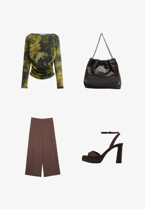 Maglietta a maniche lunghe in tessuto leggero e trasparente con un motivo camouflage verde e nero. Presenta un collo a barca e dettagli arricciati in vita.; Pantaloni ampi marroni con una texture liscia, caratterizzati da una vita alta e pieghe frontali. Il tessuto è leggero e scorre liberamente.; Sandal in camoscio marrone con tacco alto, punta aperta, cinturino alla caviglia regolabile e suola a piattaforma striata.; Borsa in pelle marrone con parte superiore arricciata e tracolla a catena. Texture liscia con finitura lucida e dettagli di cucitura sottili sui lati.