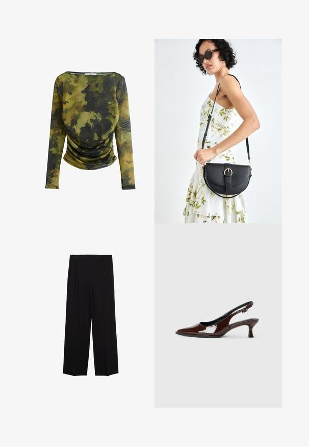 Dug vratni gornji deo od lagane, prozirne tkanine sa zeleno-crnim kamuflažnim uzorkom. Ima izrez u obliku usne i nabrano detaljiranje u struku.; Crne hlače širokog kroja od glatkog materijala, s plisama sprijeda i bočnim džepovima, dizajnirane s ravnim, opuštenim krojem.; Smeđe patentne kožne cipele s otvorenom petom, špicastim vrhom i umjerenom petom. Imaju remen s kopčom za sigurno pristajanje. Glatka tekstura.; Crna kožna torba s lukovitim oblikom, odvojivim remenom i zlatnim detaljima. Torba ima preklop s kopčom.