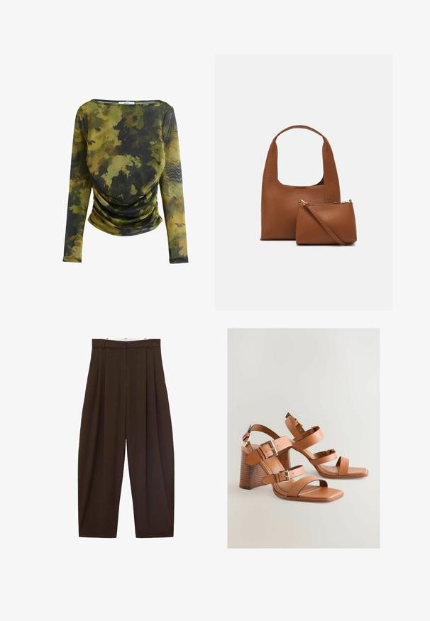 Pitkähihaine paita kevyestä, läpinäkyvästä kankaasta, jossa on vihreä ja musta kamuflaasikuvio. Ominaisuuksia ovat avara kaula-aukko ja kootut yksityiskohdat vyötäröllä.; Ruskeat korkeavyötäröiset housut, joissa on laskokset, valmistettu sileästä kankaasta. Rentoa istuvuutta, suora lahjemuoto, varustettu vyölenkeillä ja vetskarilla.; Ruske kožne sandale na visoku petu s višestrukim trakama, zlatnim detaljima i kutnim blok petom. Glatka tekstura, otvoreni vrh.; Ruskea synteettinen käsilaukku, jossa on kaareva kahva ja sileä pinta. Mukana on yhteensopiva pieni pussi vetoketjulla. Minimalistinen muotoilu.